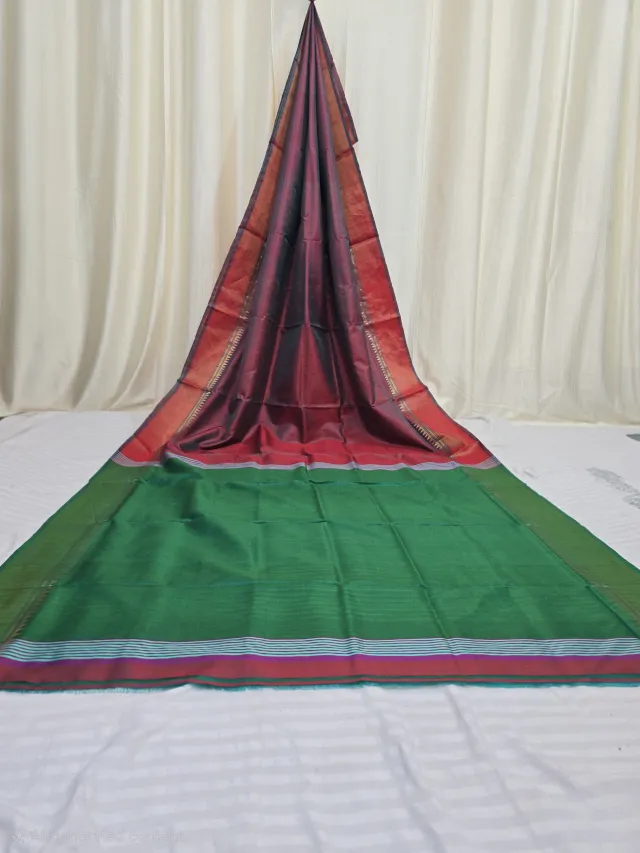 Pure Bishnupuri Katan Silk Inchi Par Saree in Maroon & Sea Green