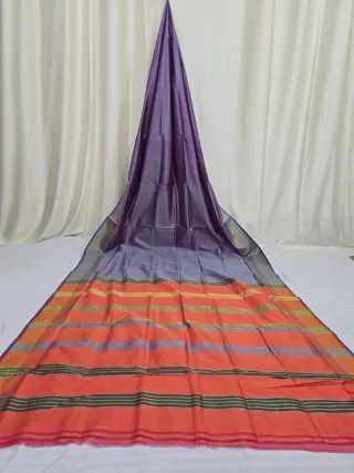 Pure Bishnupuri Katan Silk Inchi Par Saree in Steel Grey & Orange