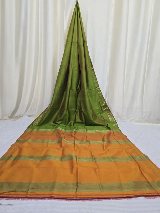 Premium Dual Tone Green with Orange Inchi Par Pure Bishnupur Katan Silk Saree