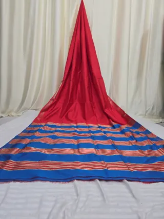 Premium Red with Royal Blue Striped Pallu Bishnupuri Katan Silk Saree