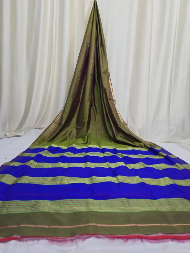 Premium Dual Tone Olive Green with Royal Blue Striped Pallu Bishnupuri Katan Silk Saree