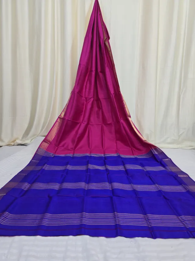 Premium Rani Pink with Royal Blue Striped Pallu Bishnupuri Katan Silk Saree