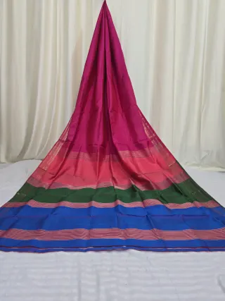 Premium Rani Pink with Multicolour Striped Pallu Bishnupuri Katan Silk Saree