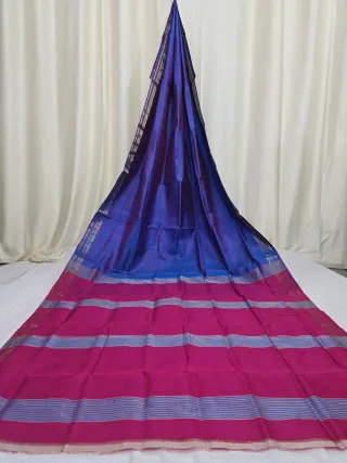 Premium Dual Tone Royal Blue with Rani Pink Striped Pallu Bishnupuri Katan Silk Saree