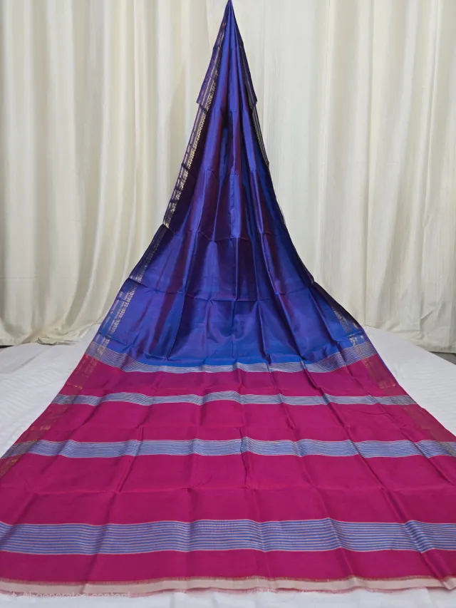 Premium Dual Tone Royal Blue with Rani Pink Striped Pallu Bishnupuri Katan Silk Saree
