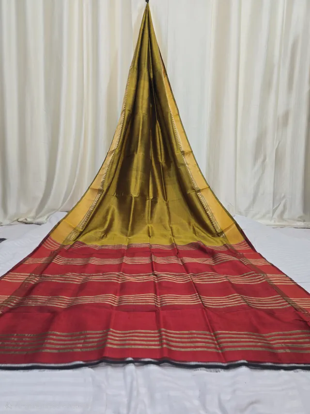 Premium Mustard Yellow with Maroon Striped Pallu Bishnupuri Katan Silk Saree