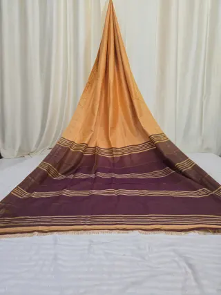 Premium Yellow with Plum Purple Striped Pallu Bishnupuri Katan Silk Saree