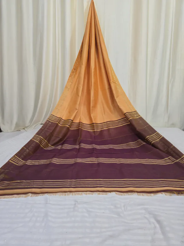 Premium Yellow with Plum Purple Striped Pallu Bishnupuri Katan Silk Saree