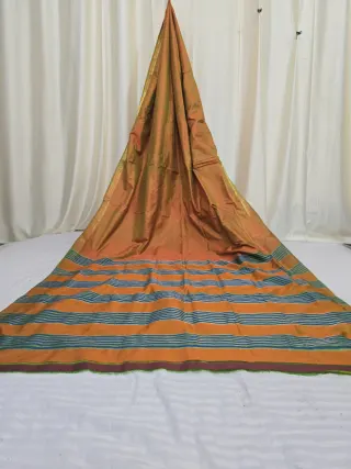 Premium Dual Tone Mustard Yellow with Orange Striped Pallu Bishnupuri Katan Silk Saree