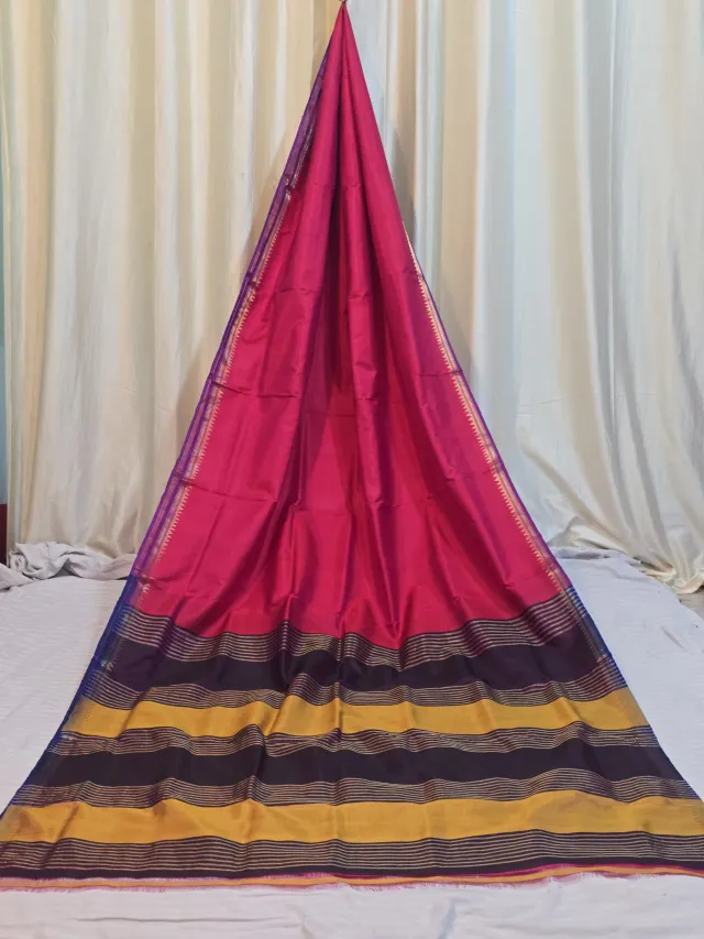 Premium Rani Pink with Black and Mustard Yellow Striped Pallu Bishnupuri Katan Silk Saree