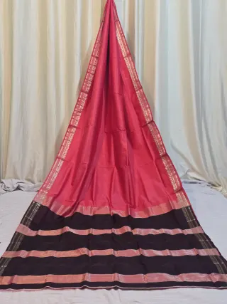 Premium Strawberry Pink with Black Striped Pallu Bishnupuri Katan Silk Saree
