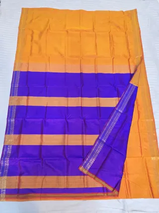 Premium Sunshine Yellow with Royal Blue Striped Pallu Bishnupur Katan Silk Saree