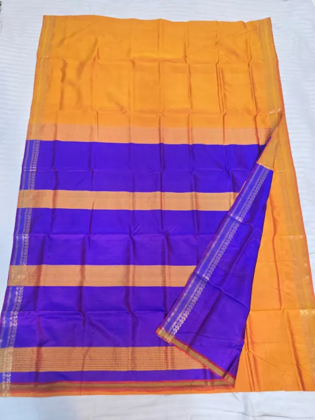 Premium Sunshine Yellow with Royal Blue Striped Pallu Bishnupur Katan Silk Saree