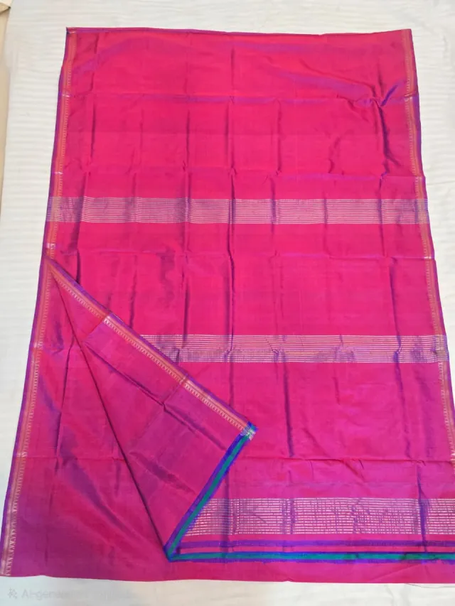 Premium Rani Pink with Silver Striped Pallu Bishnupur Katan Silk Saree