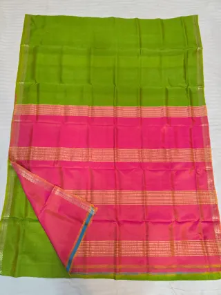 Premium Parrot Green with Rani Pink Striped Pallu Bishnupur Katan Silk Saree