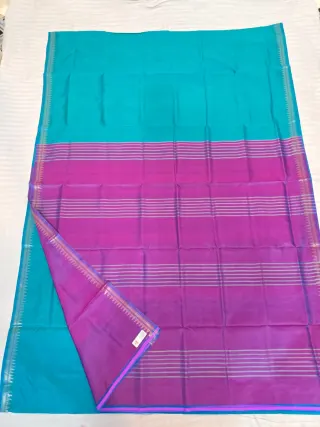 Premium Sea Green with Violet Striped Pallu Inchi Par Bishnupuri Katan Silk Saree