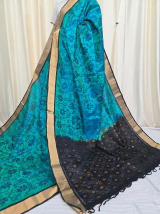 Premium Sky Blue with Charcoal Black Ikkat Pallu Pure Mulberry Silk Saree