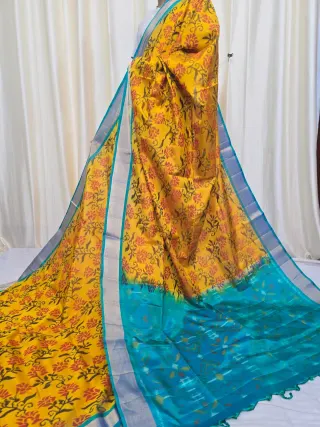 Premium Mustard Yellow with Sky Blue Ikkat Pallu Pure Mulberry Silk Saree