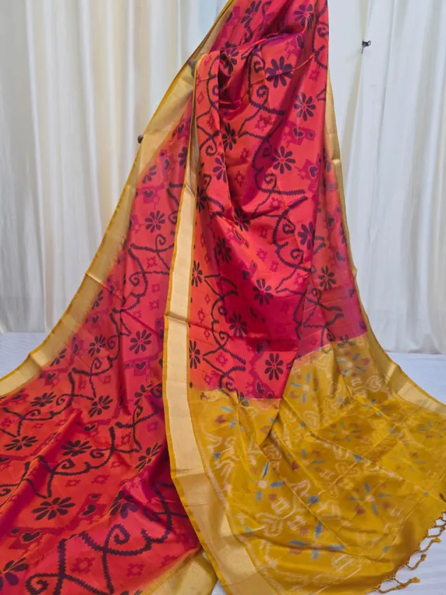 Premium Dual Tone Orange and Rani Pink with Mustard Yellow Ikkat Pallu Pure Mulberry Silk Saree