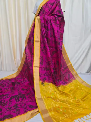 Premium Magenta Pink with Mustard Yellow Ikkat Pallu Pure Mulberry Silk Saree