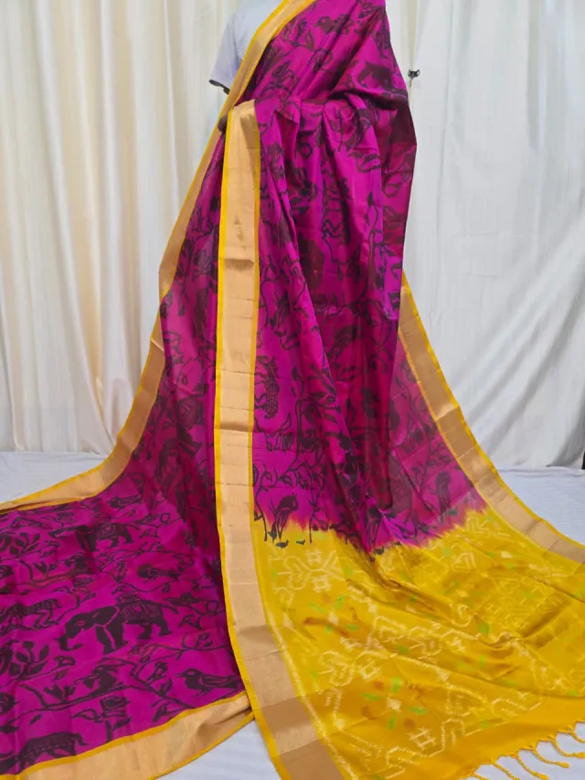 Premium Magenta Pink with Mustard Yellow Ikkat Pallu Pure Mulberry Silk Saree
