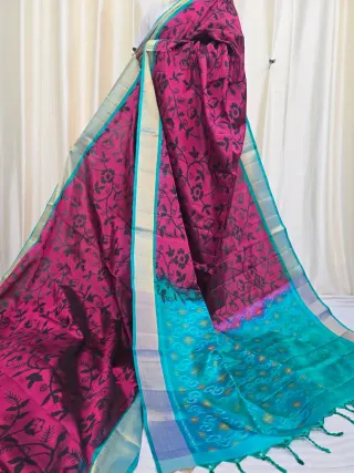 Premium Magenta with Sky Blue Ikkat Pallu Pure Mulberry Silk Saree