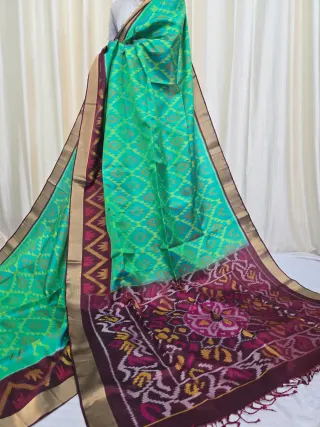Premium Sea Green with Deep Maroon Ikkat Pallu Pure Mulberry Silk Saree