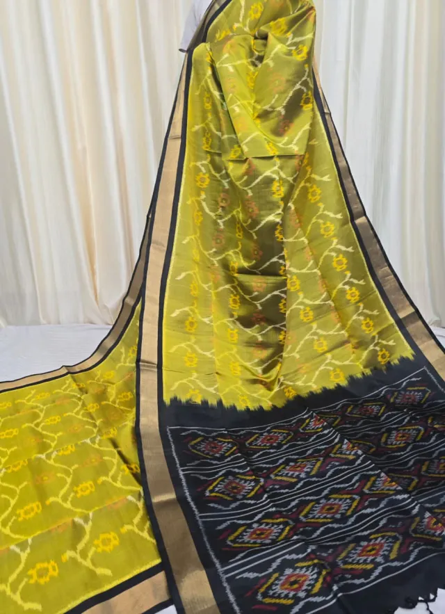 Premium Lemon Yellow with Charcoal Black Ikkat Pallu Pure Mulberry Silk Saree