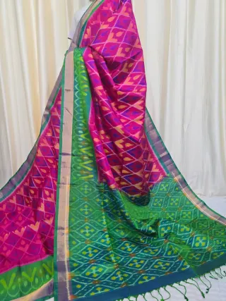 Premium Rani Pink with Sea Green Ikkat Pallu Pure Mulberry Silk Saree