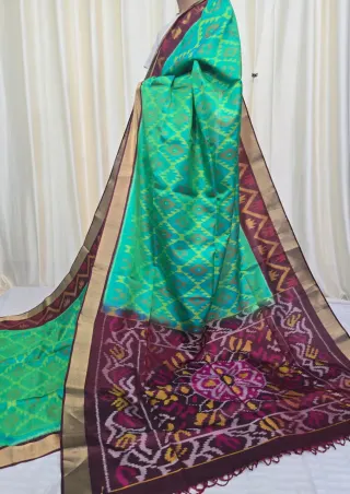 Premium Sea Green with Deep Maroon Ikkat Pallu Pure Mulberry Silk Saree