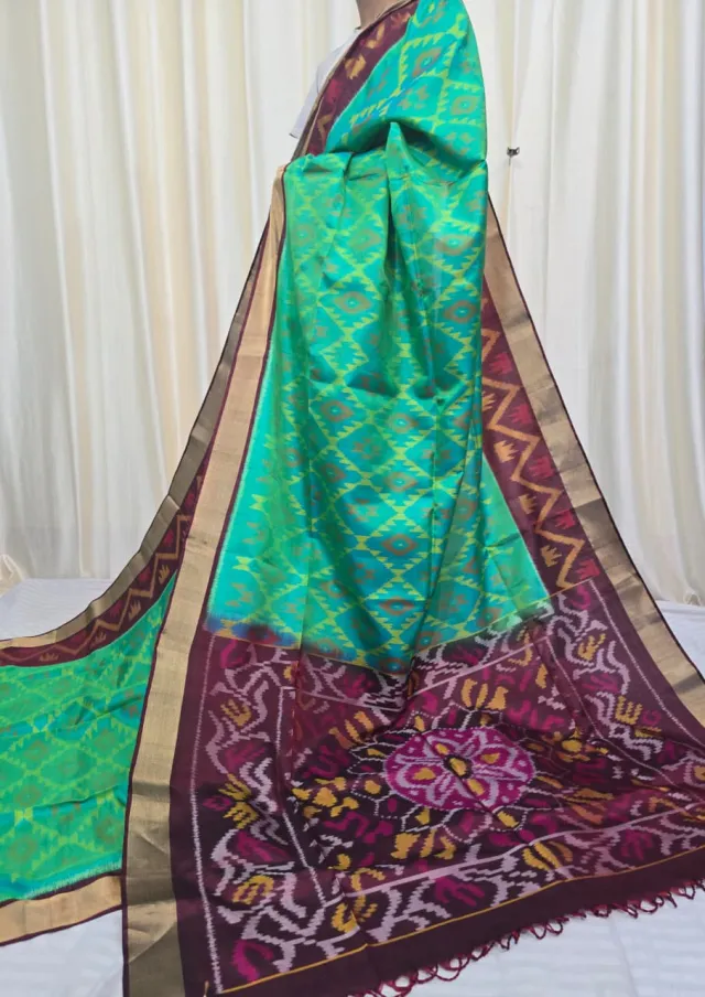 Premium Sea Green with Deep Maroon Ikkat Pallu Pure Mulberry Silk Saree