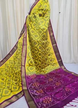 Premium Lemon Yellow with Deep Purple Ikkat Pallu Pure Mulberry Silk Saree
