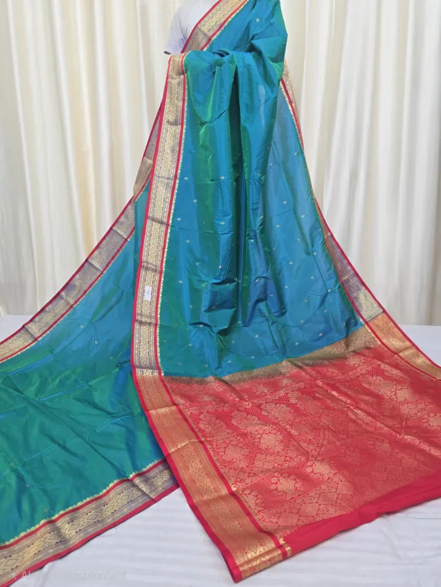 Peacock Green with Red Pallu Replica Silk Kanjivaram Saree