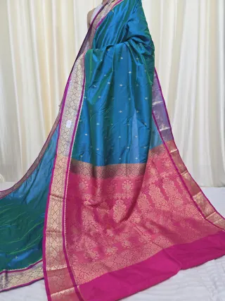 Peacock Blue with Rani Pink Pallu Replica Silk Kanjivaram Saree