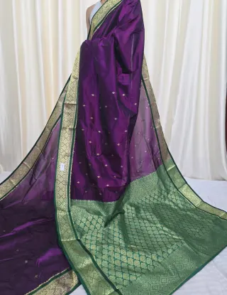Dark Purple with Green Pallu Replica Silk Kanjivaram Saree