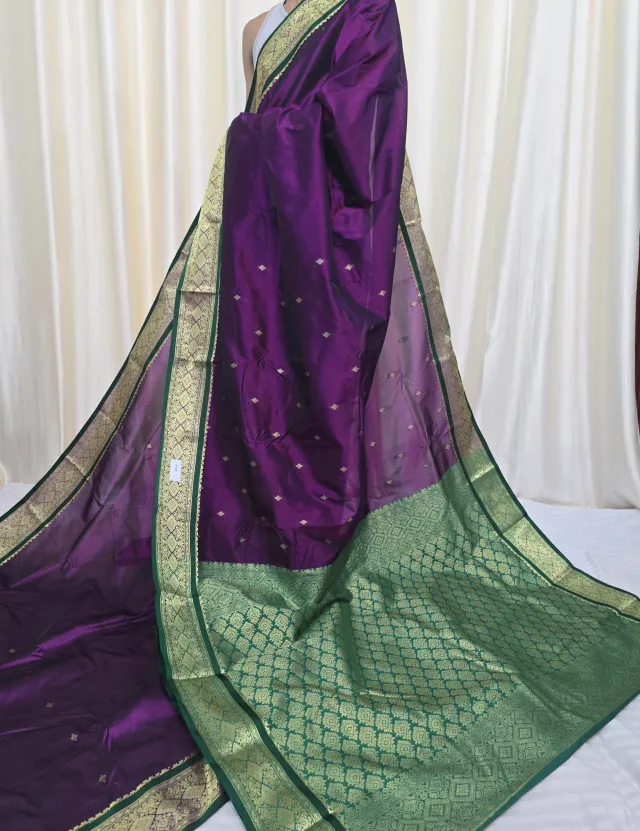 Dark Purple with Green Pallu Replica Silk Kanjivaram Saree