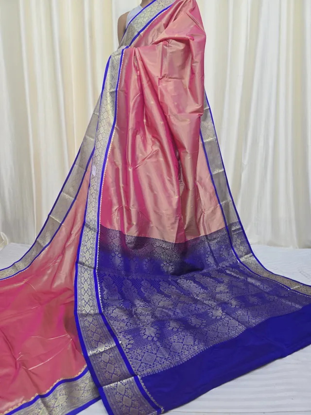 Peach with Royal Blue Pallu Replica Silk Kanjivaram Saree