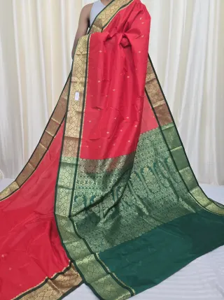 Red with Bottle Green Pallu Replica Silk Kanjivaram Saree