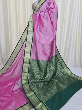 Baby Pink with Bottle Green Pallu Replica Silk Kanjivaram Saree