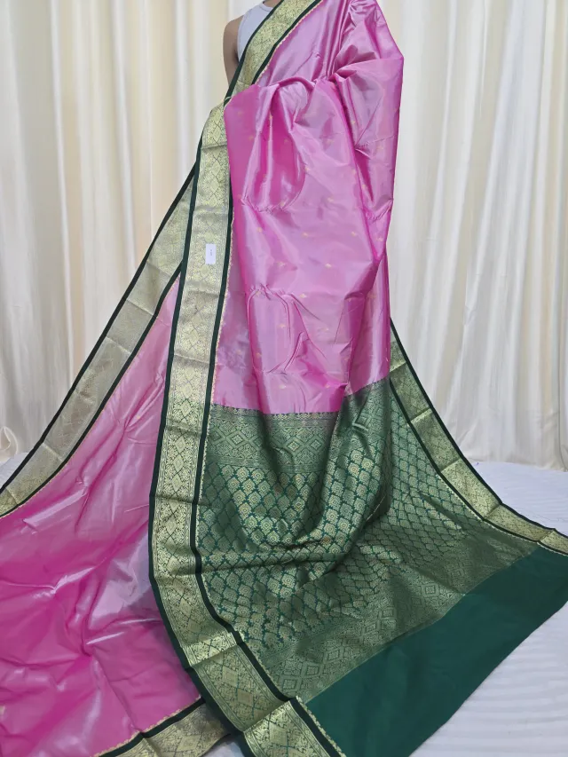 Baby Pink with Bottle Green Pallu Replica Silk Kanjivaram Saree