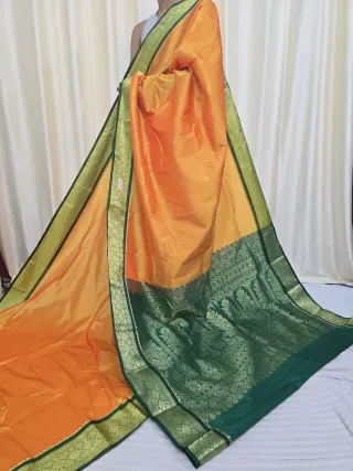 Mango Yellow with Bottle Green Pallu Replica Silk Kanjivaram Saree