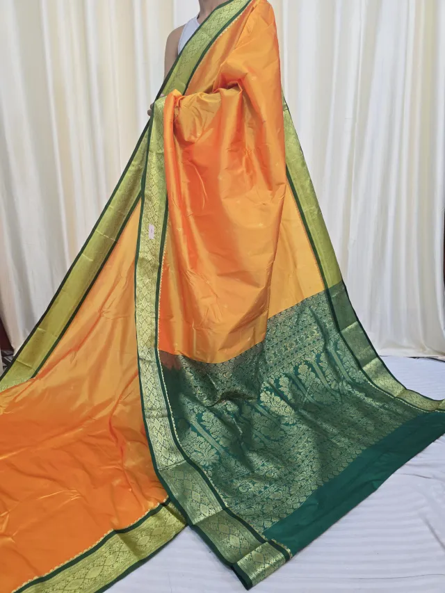 Mango Yellow with Bottle Green Pallu Replica Silk Kanjivaram Saree