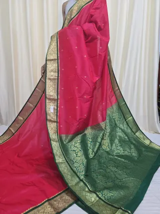 Crimson Red with Bottle Green Pallu Replica Silk Kanjivaram Saree