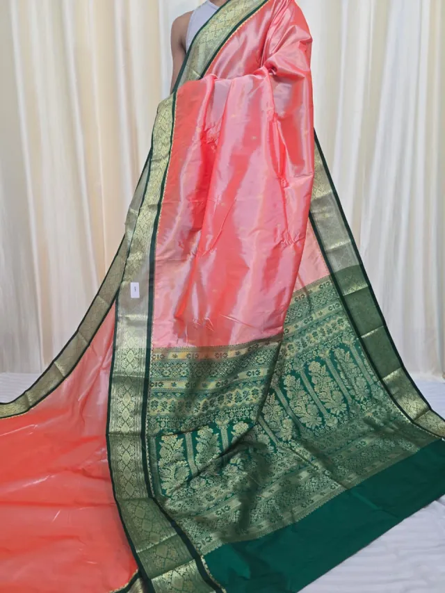 Peach with Bottle Green Pallu Replica Silk Kanjivaram Saree