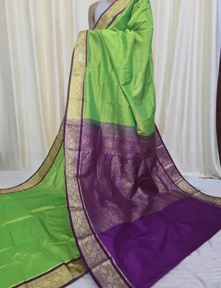 Lemon Green with Purple Pallu Replica Silk Kanjivaram Saree
