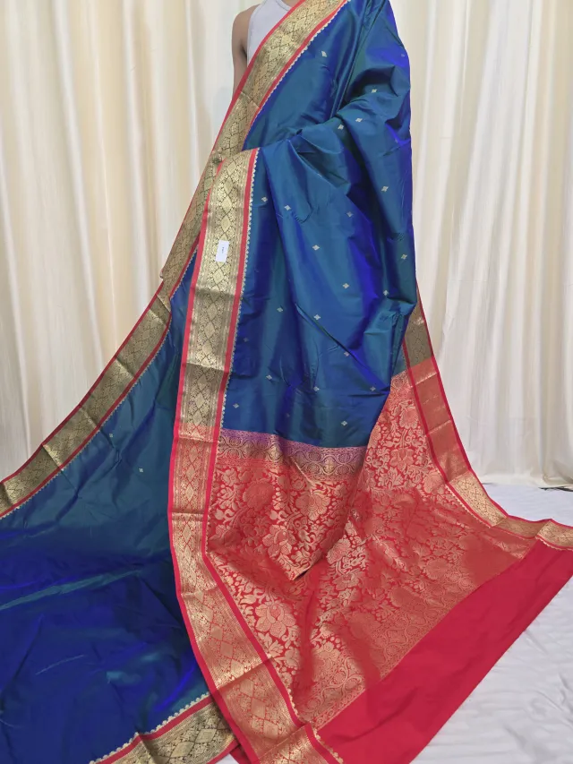 Navy Blue with Red Pallu Replica Silk Kanjivaram Saree