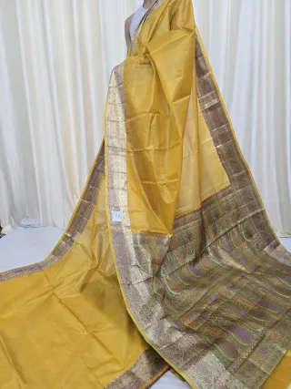 Mustard Yellow Tussar Silk Paithani Saree with Paisley Tapestry Pallu