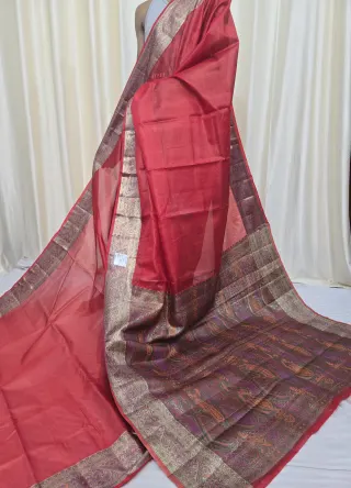 Crimson Red Tussar Silk Paithani Saree with Paisley Tapestry Pallu
