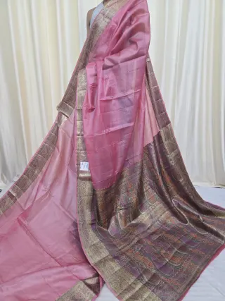 ose Pink Tussar Silk Paithani Saree with Paisley Tapestry Pallu