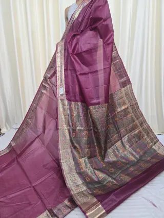 Wine Purple Tussar Silk Paithani Saree with Paisley Tapestry Pallu